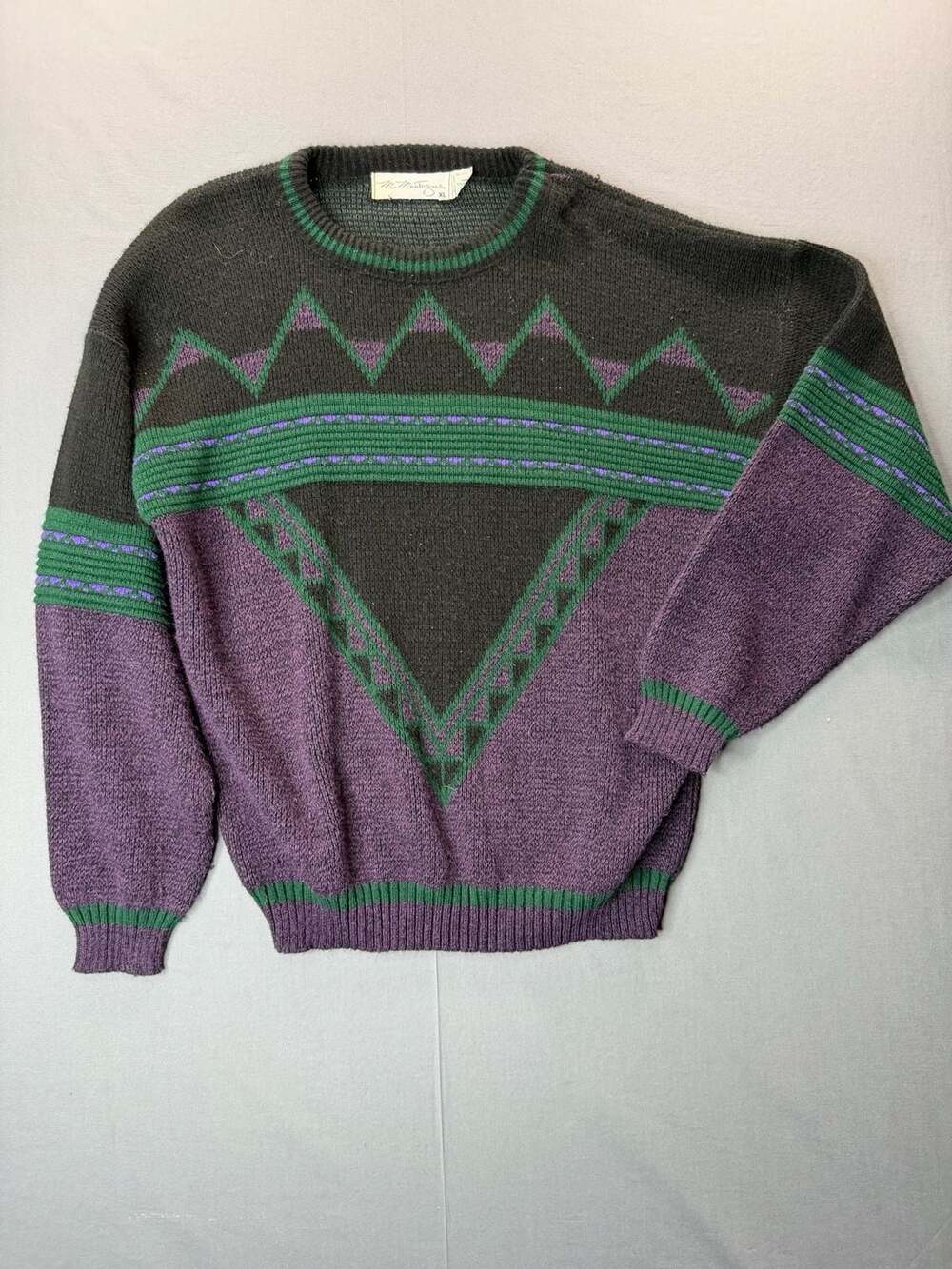 M. Mantogne Vintage 80s Geometric Pattern Acrylic Sweater Black Purple Green XL